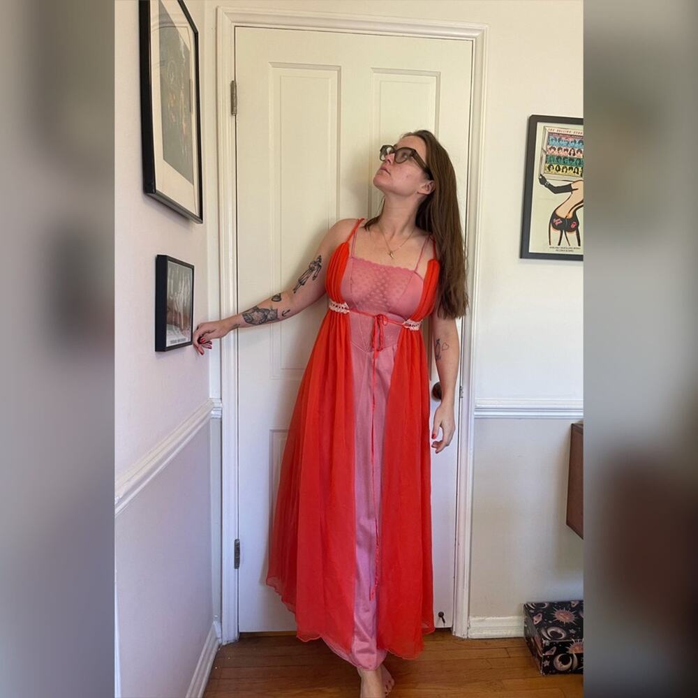 60s Vintage Sheer Nylon Orange Robe by Intime California - Picture 2 of 10